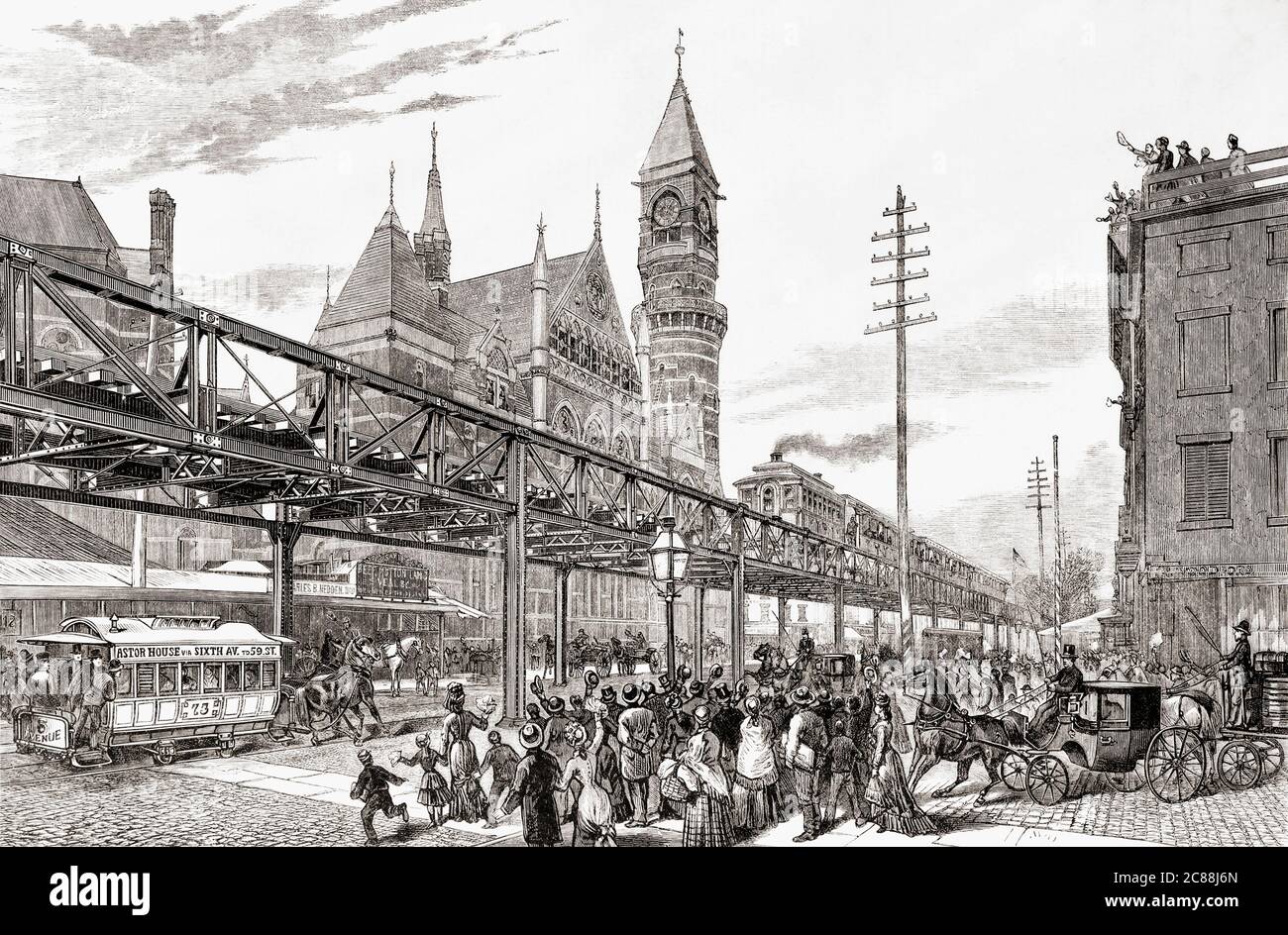 Gilbert Elevated Railroad, New York City, États-Unis d'Amérique. La photo d'un artiste non identifié du journal illustré de Frank Leslie, le 25 mai 1878, montre le premier train sur la piste qui traverse la Sixième Avenue près du tribunal de police du marché Jefferson le 29 avril. Banque D'Images
