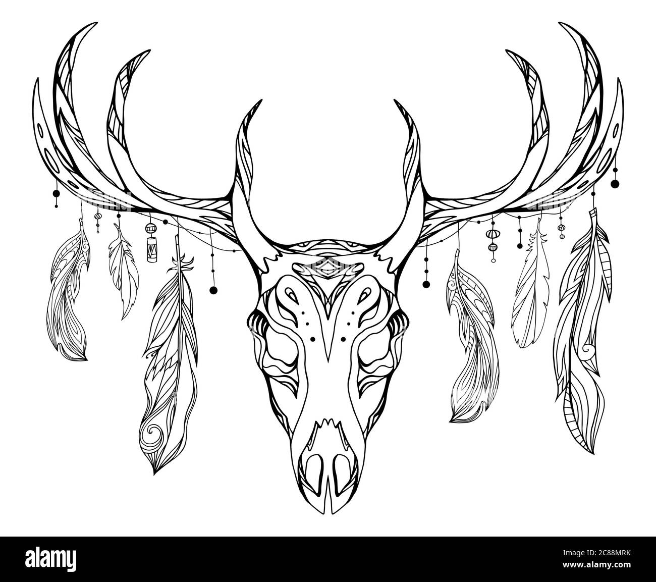 Illustration du contour d'un crâne de cerf avec bois et plumes avec motif de boho. Élément de cartouche vectoriel pour l'impression sur les T-shirts, croquis de tatouage, post-c Illustration de Vecteur