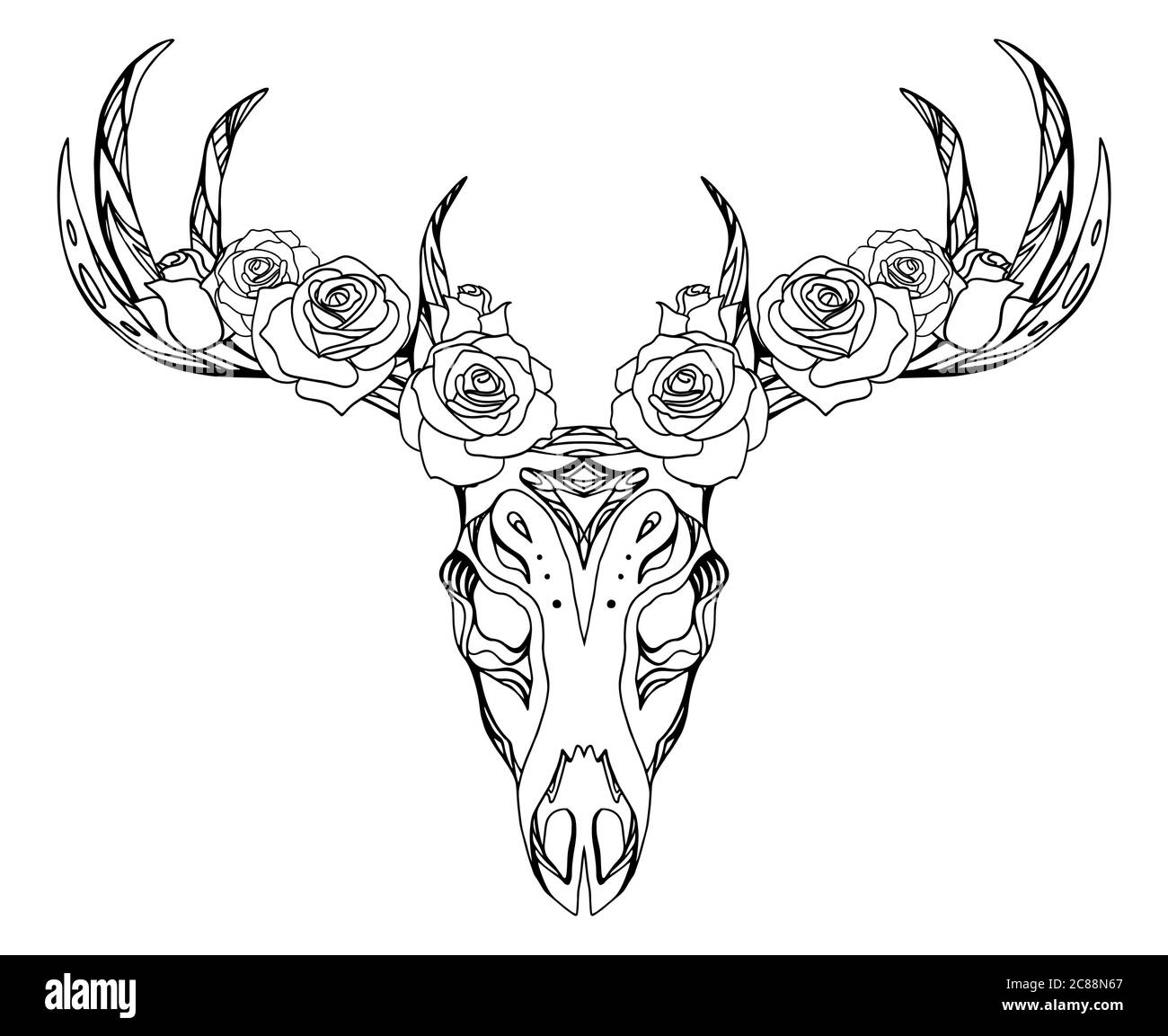 Illustration d'un crâne de cerf avec des roses et un motif de boho. Vecteur pour le tatouage croquis, l'impression sur des T-shirts, cartes postales et votre créativité Illustration de Vecteur