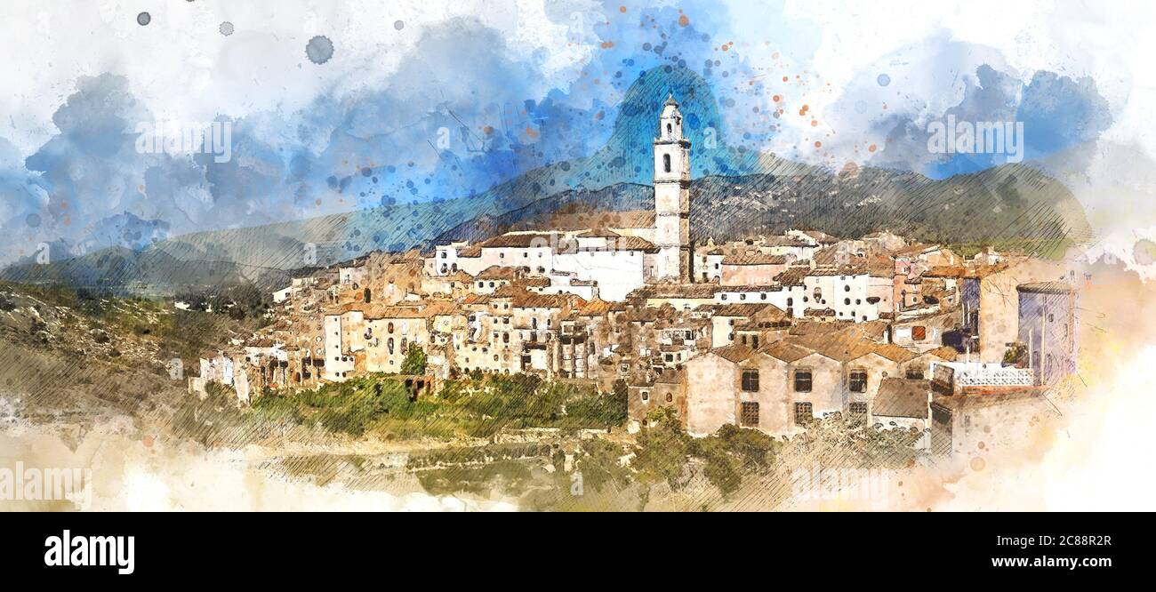 Aquarelle numérique du village de Bocairent. Comarca de Vall d'Albaida dans la Communauté Valencienne, Espagne. Banque D'Images