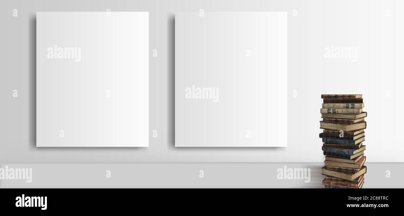 deux cadres posters sur fond de mur blanc portofolio avec des livres, des photos ou des images de maquette 3d, l'illustration 3d Banque D'Images
