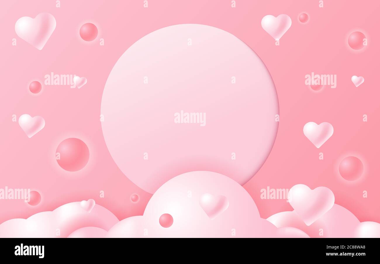 Fond rose de Saint-Valentin avec sphère lumineuse, nuage, coeur flottant et espace de copie pour le texte et le message. Illustration de Vecteur