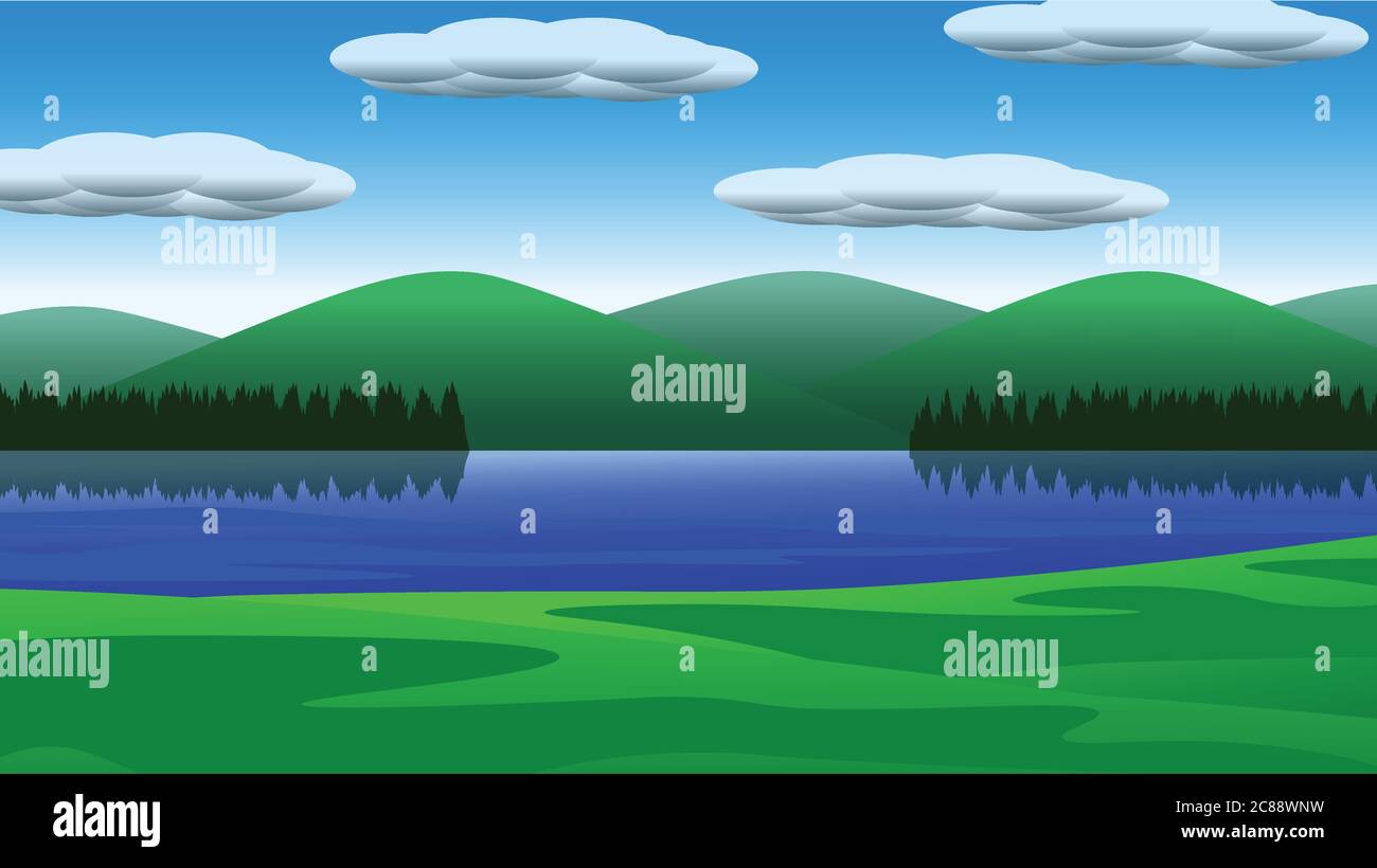 Illustration vectorielle d'un paysage naturel, d'un beau lac, avec des forêts, des montagnes au loin, un ciel lumineux avec des nuages blancs. Illustration de Vecteur