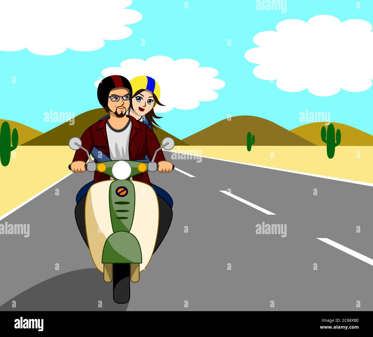 Le couple est à moto, voyage heureux sur la belle route d'amour. Les deux  côtés étaient déserts Image Vectorielle Stock - Alamy