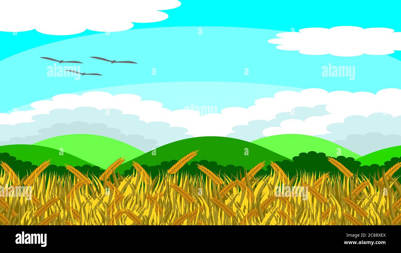 Illustration vectorielle d'un champ de riz avec des grains de riz prêts à s'accumuler. Au-delà, il y a des arbres et des montagnes. Le jour, le ciel est lumineux. Illustration de Vecteur