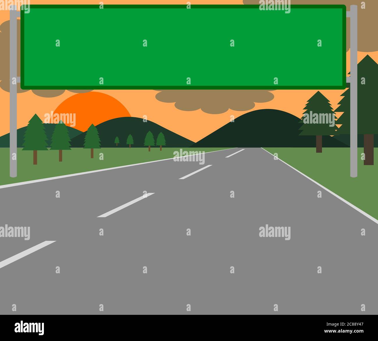 Illustration du panneau sur la route des deux côtés de la route avec un désert et cactus au coucher du soleil. Illustration de Vecteur