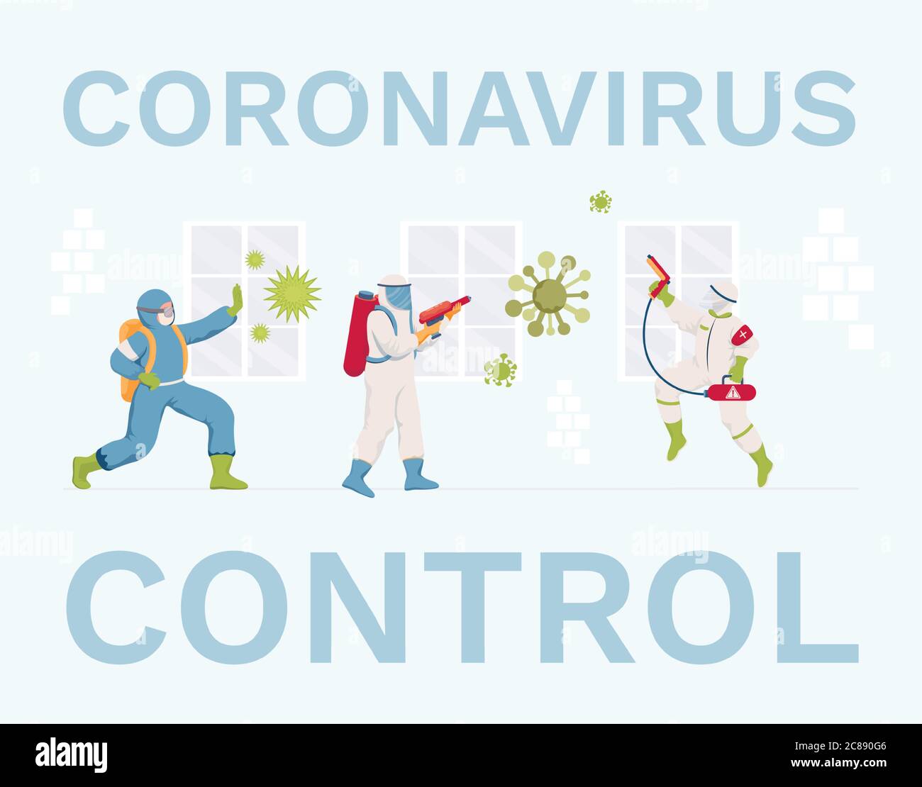 Bannière plate vecteur de contrôle des coronavirus. Travailleurs médicaux  ou nettoyants en combinaisons de protection et masques désinfectants de  surfaces. Mesures de protection pendant l'éclosion de Covid-19 Image  Vectorielle Stock - Alamy