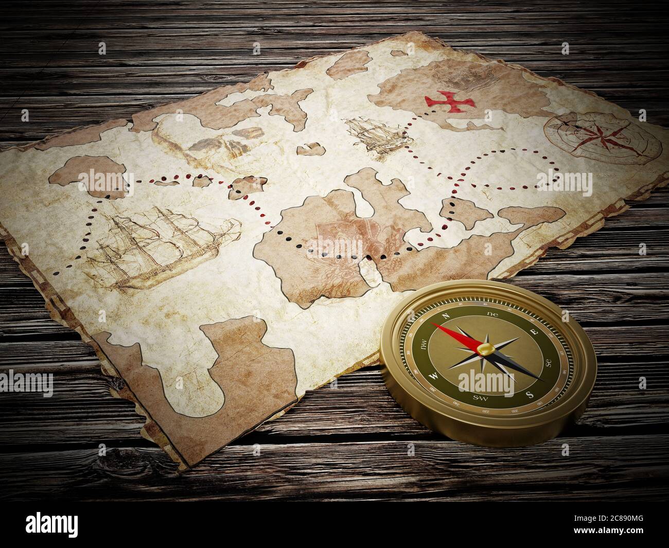 Carte du Trésor et boussole vintage sur une ancienne table en bois. Illustration 3D. Banque D'Images
