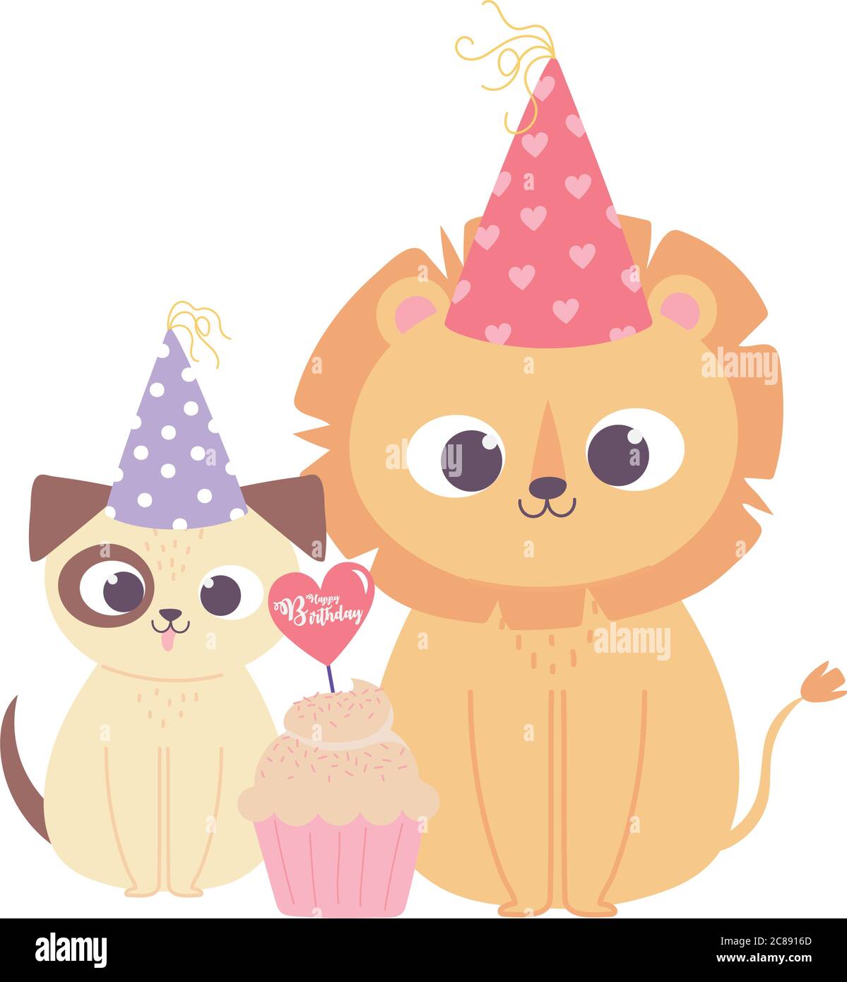 Joyeux Anniversaire Joli Petit Lion Chien Avec Chapeau Et Cupcake Celebration Decoration Dessin Anime Vecteur Illustration Image Vectorielle Stock Alamy