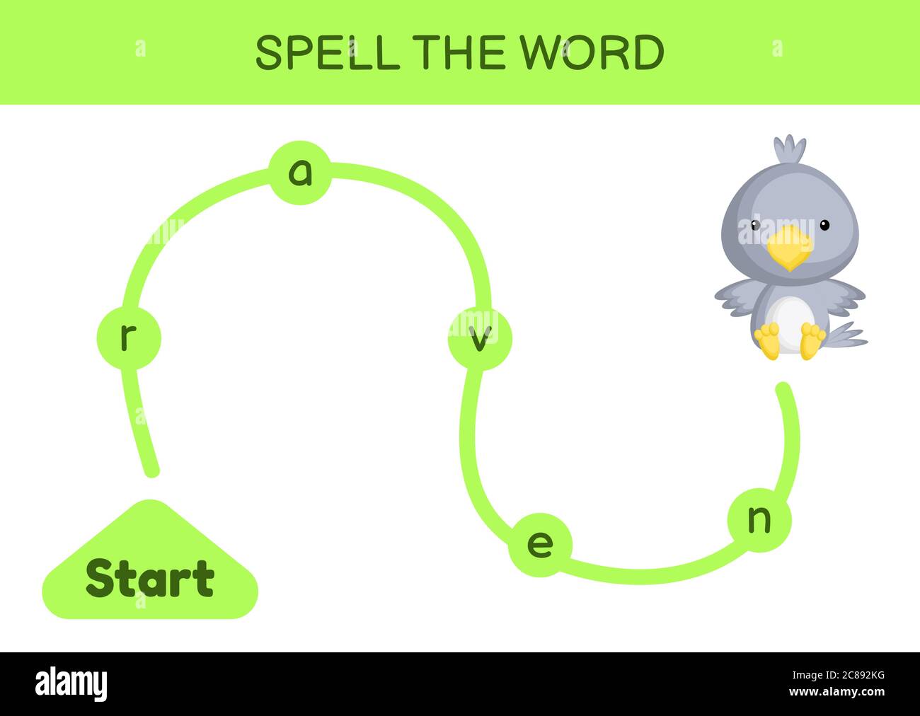 Labyrinthe pour les enfants. Modèle de jeu de mots d'orthographe. Apprenez à lire la feuille de travail imprimable en écriture. Page d'activité pour l'étude en anglais. Illustration de Vecteur