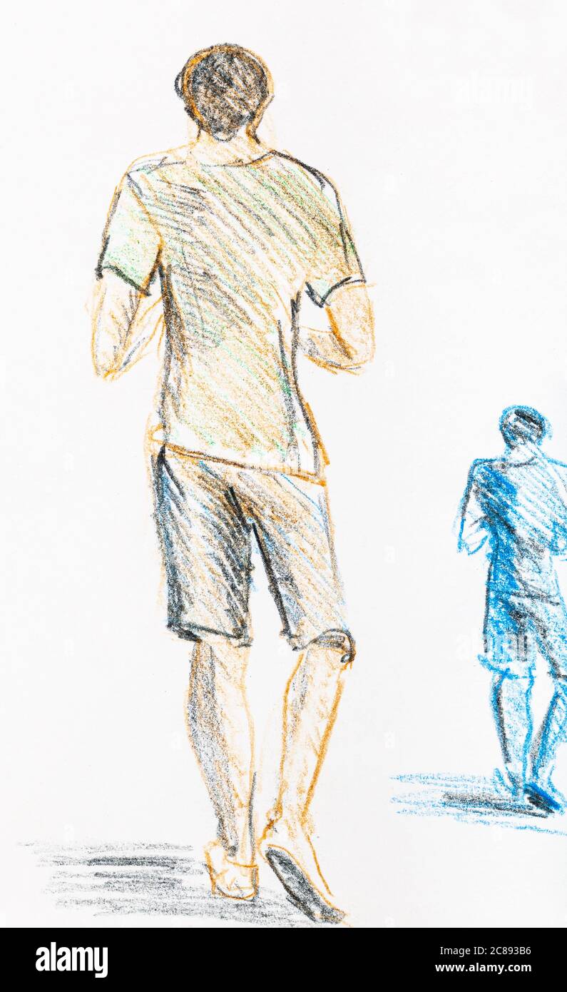 Croquis de gars de l'arrière en T-shirt et short dessiné à la main par des crayons de couleur sur papier blanc Banque D'Images
