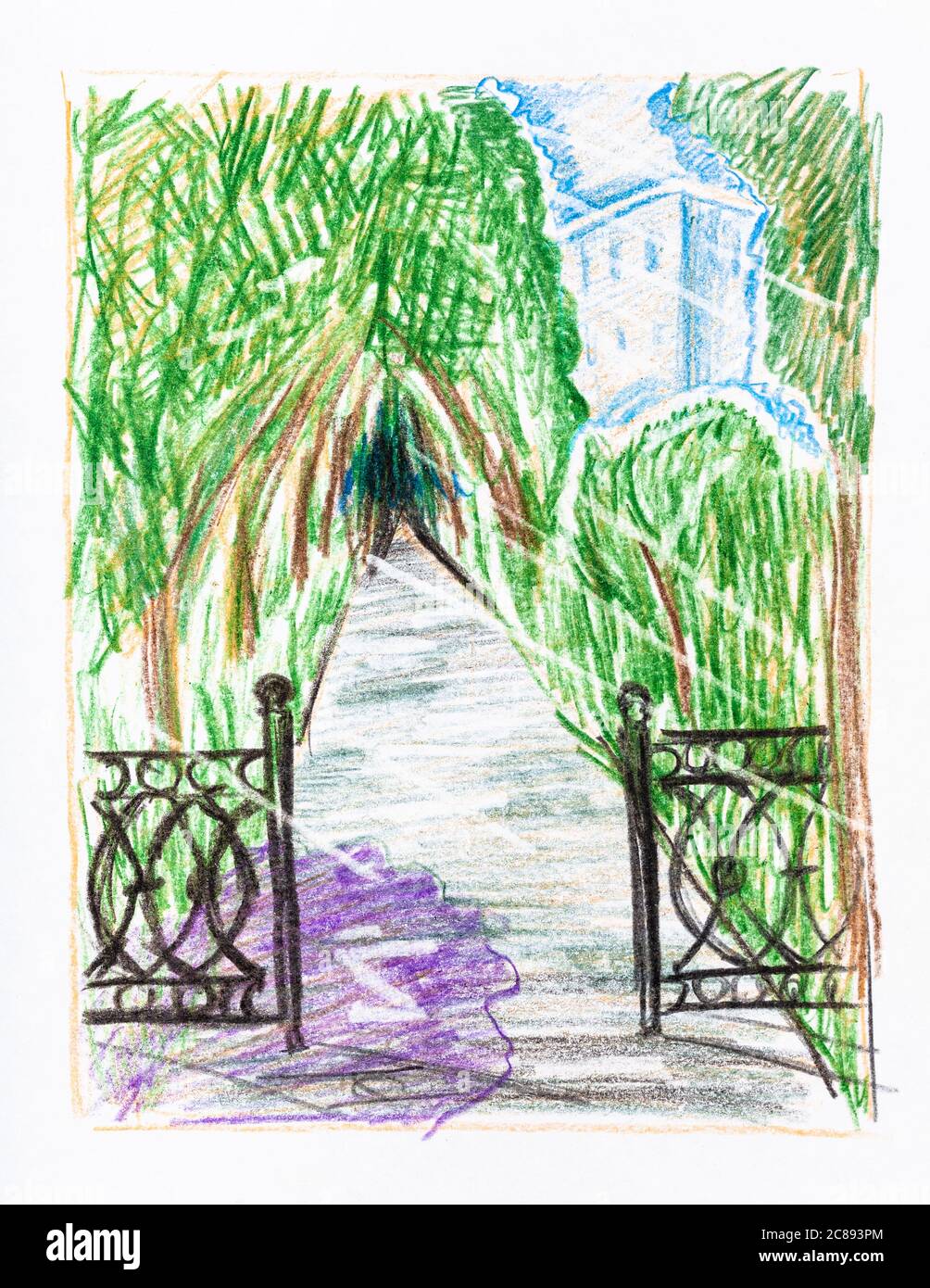 croquis de chemin dans le parc de la ville après la pluie estivale dessiné à la main par des crayons de couleur sur papier blanc Banque D'Images