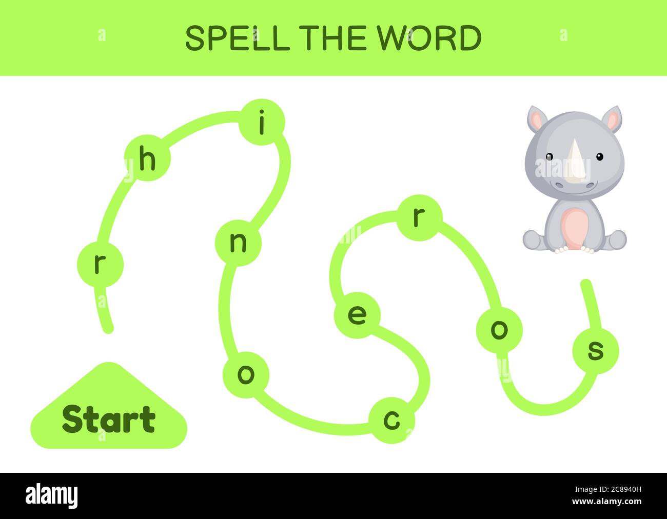 Labyrinthe pour les enfants. Modèle de jeu de mots d'orthographe. Apprenez à lire Word rhino, feuille de travail imprimable. Page d'activité pour l'étude en anglais. Illustration de Vecteur