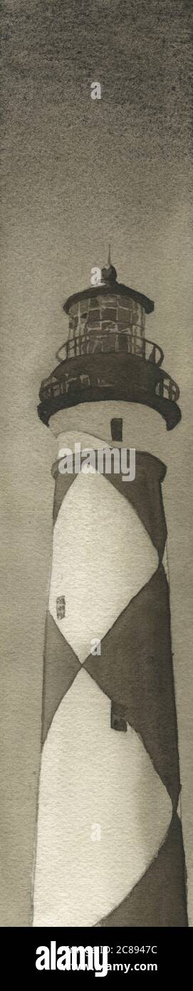 Phare de Cape Hatteras sur Outer Banks, Caroline du Nord. Peinture B&W du phare de Caper Hatteras décoration maison objets d'art de phare OBX Banque D'Images