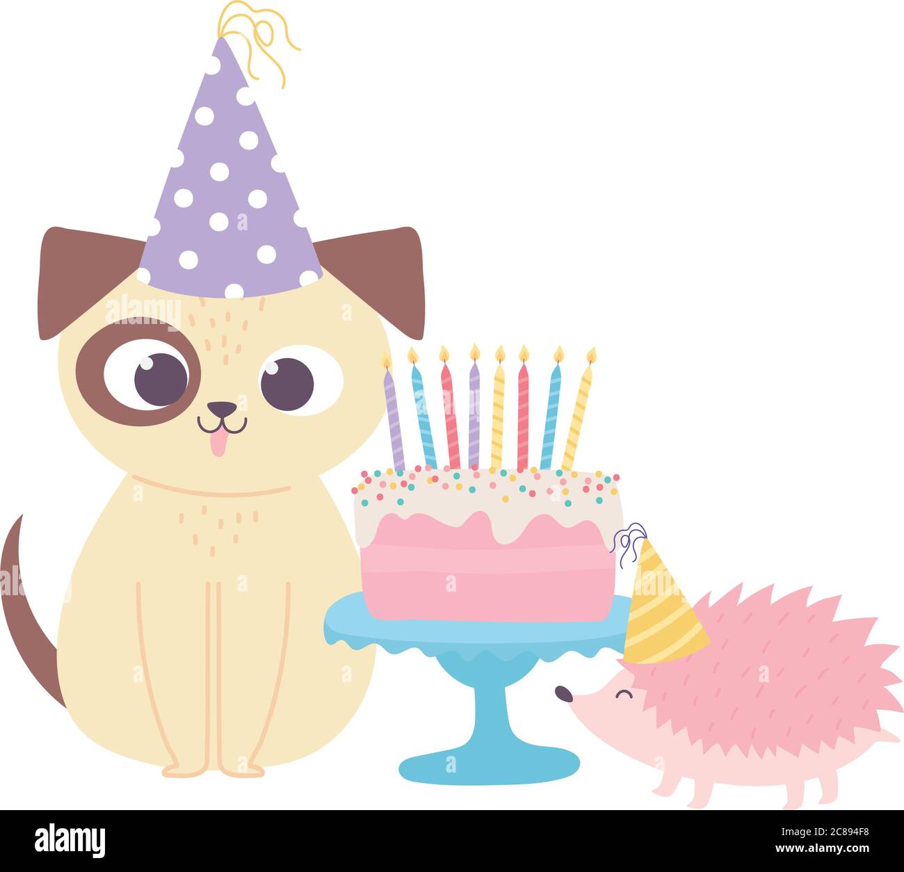 Joyeux Anniversaire Chien Mignon Herisson Avec Gateau Et Chapeaux Fete Celebration Decoration Dessin Anime Illustration Vectorielle Image Vectorielle Stock Alamy