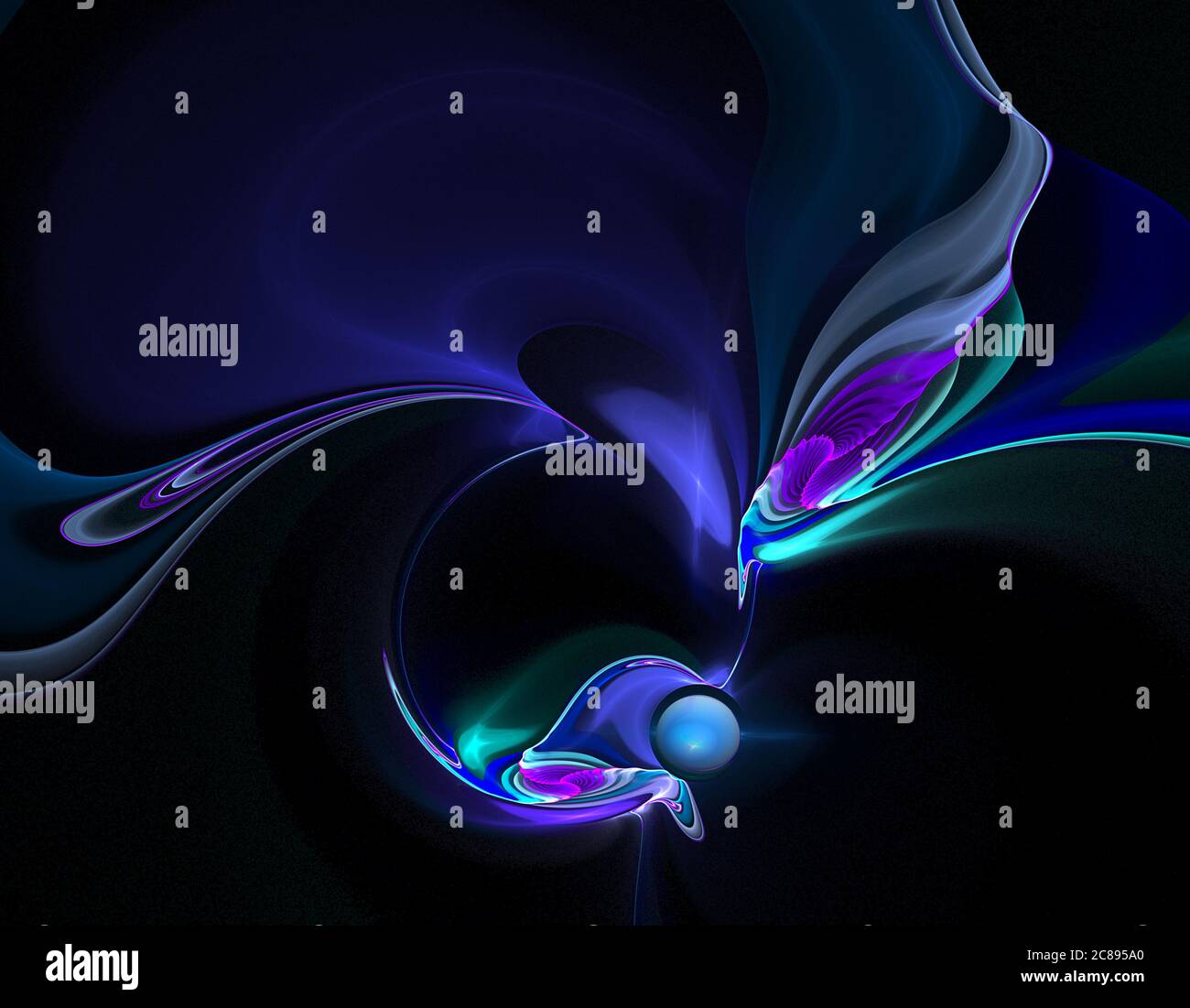 Fractal, une petite planète 3D avec des ailes abstraites sur fond noir Banque D'Images