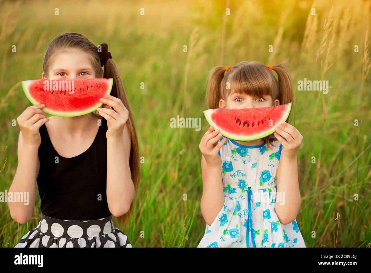 Deux petites sœurs drôles mangeant et se cachent face à la pastèque en plein air, le jour d'été chaud et ensoleillé. Nourriture biologique saine pour les petits enfants. Banque D'Images
