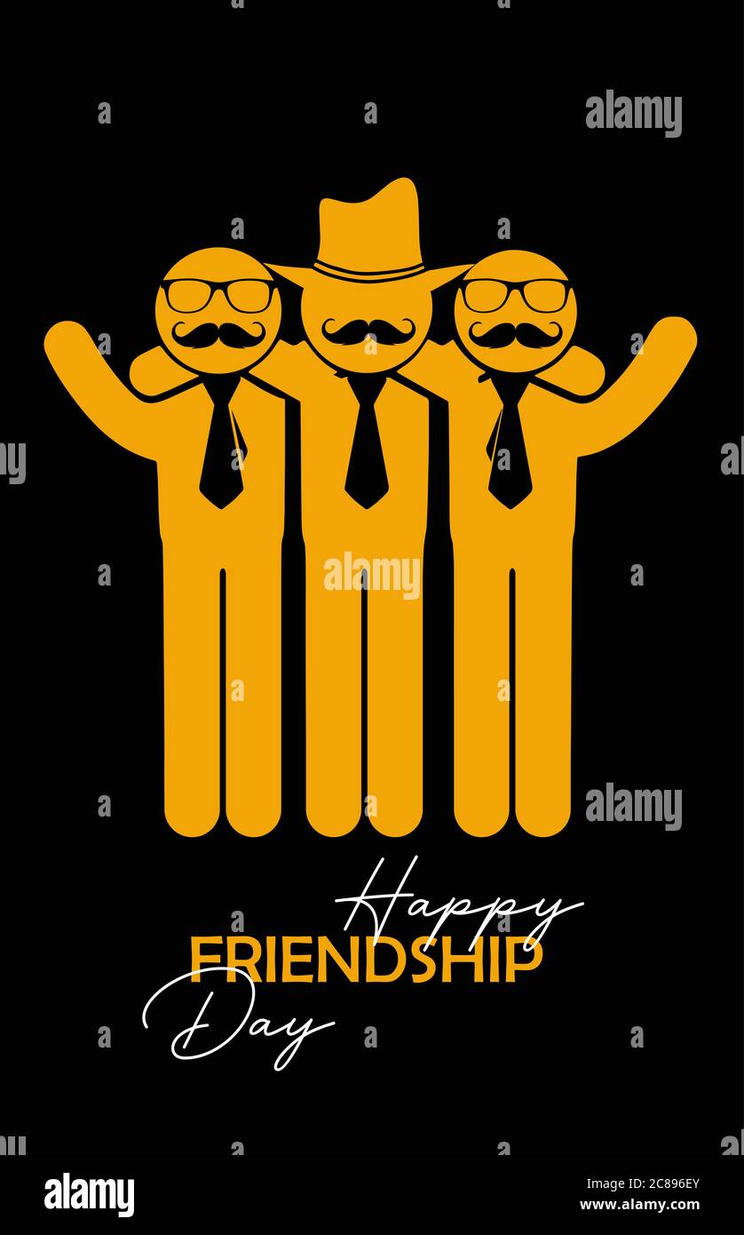 Bonne journée de l'amitié. Carte de vœux avec trois silhouettes d'amis avec  cravates, moustaches, lunettes et chapeau qui se réunissent pour un  événement spécial Photo Stock - Alamy