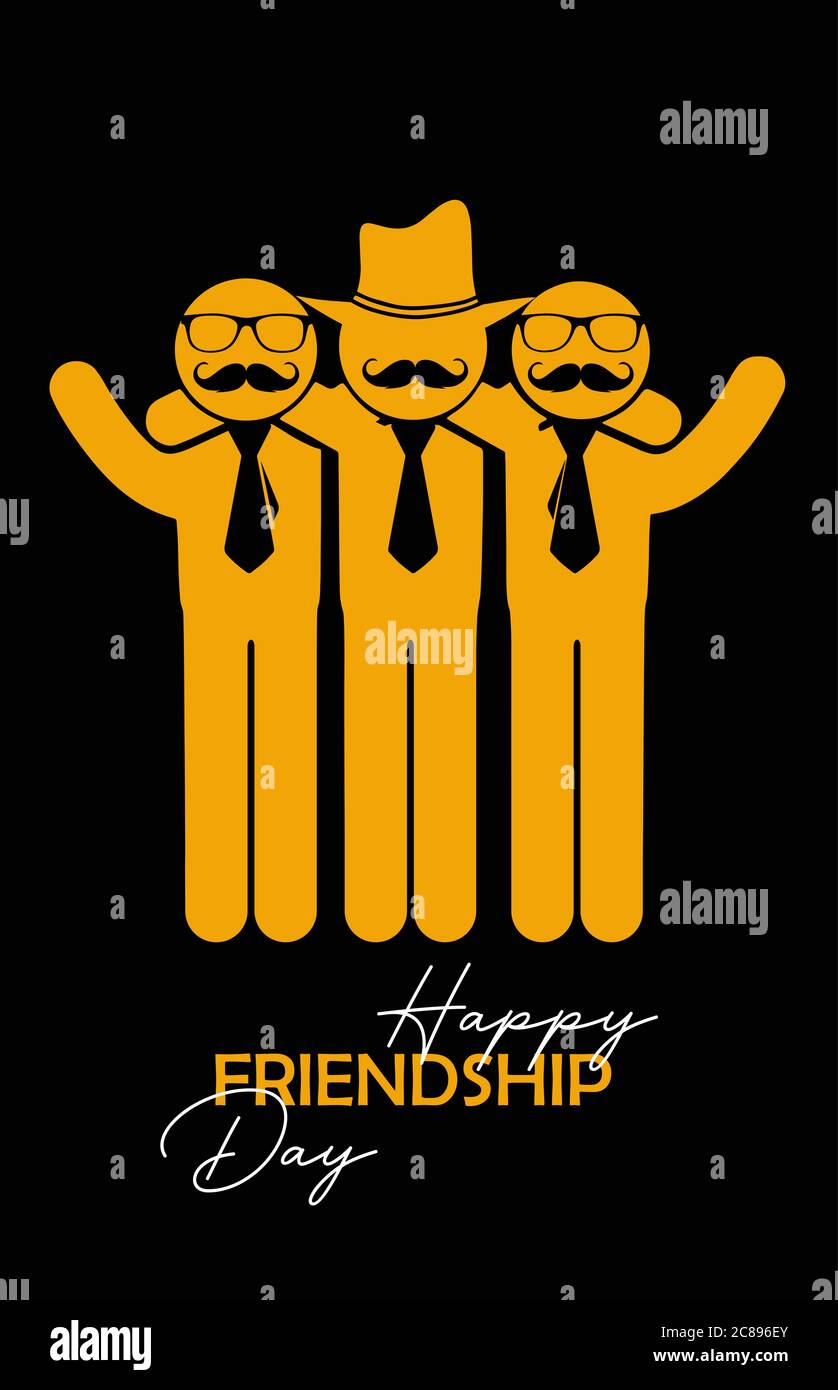 Bonne Journee De L Amitie Carte De Vœux Avec Trois Silhouettes D Amis Avec Cravates Moustaches Lunettes Et Chapeau Qui Se Reunissent Pour Un Evenement Special Photo Stock Alamy