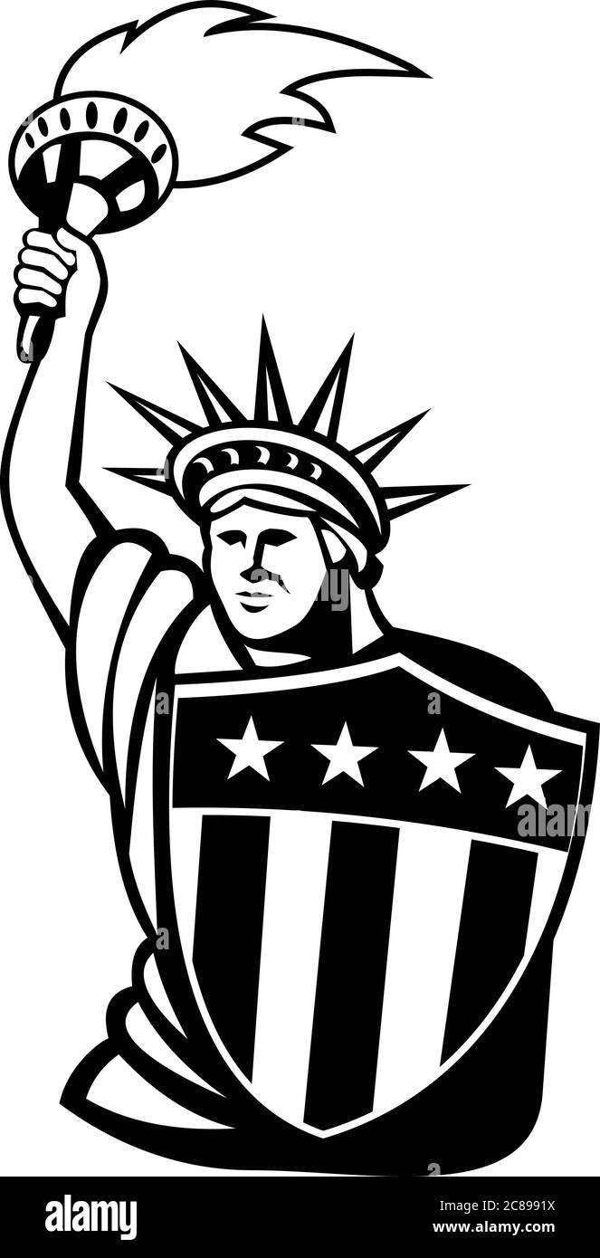 Illustration mascotte de Lady Liberty avec torche flamboyante et USA étoiles et rayures américaines bouclier vu de devant sur un arrière-plan isolé dans le style rétro Illustration de Vecteur