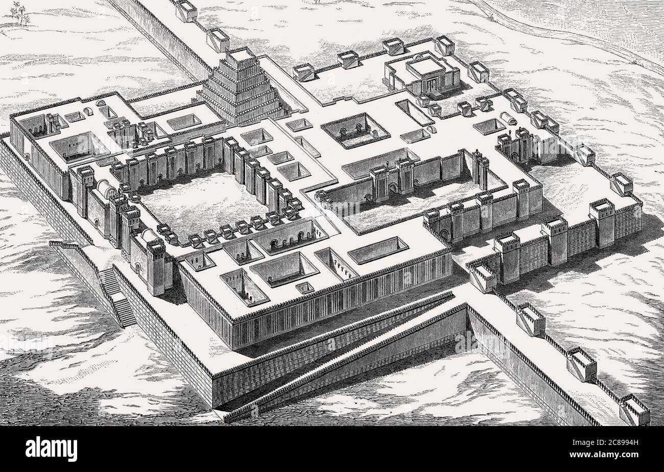 Palais de Sargon II d'Assyrie à Dur-Sharrukin, Khorsabad, Irak, reconstruit par Charles Chipiez Banque D'Images