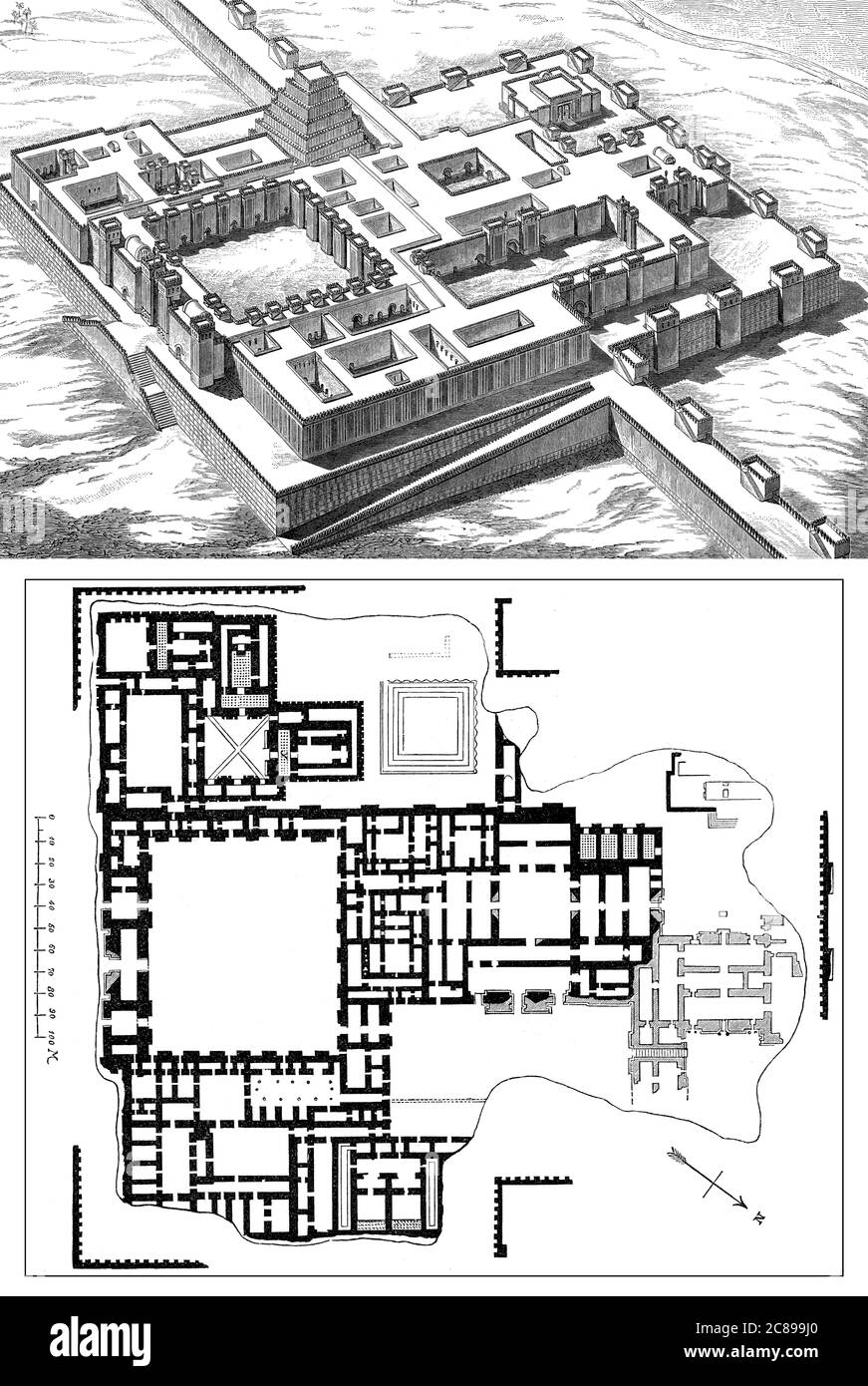 Palais de Sargon II d'Assyrie à Dur-Sharrukin, Khorsabad, Irak, reconstruit par Charles Chipiez Banque D'Images