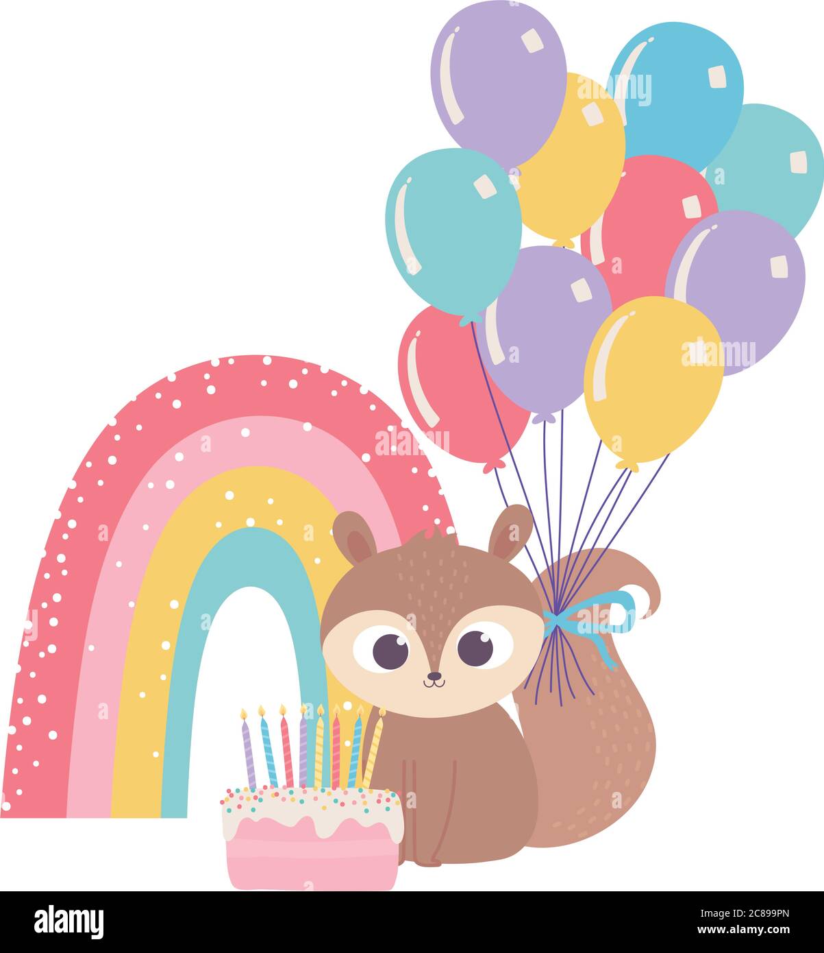 Joyeux Anniversaire Mignonne Ecureuil Avec Des Ballons De Gateau Arc En Ciel Celebration Decoration Dessin Anime Vecteur Illustration Image Vectorielle Stock Alamy