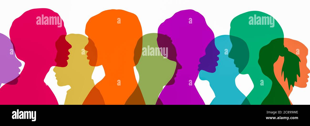 Image de concept colorée de têtes silhouetées ethniquement diverses communiquant un-à-un et dans un groupe, les profils féminins à l'avant-garde Banque D'Images