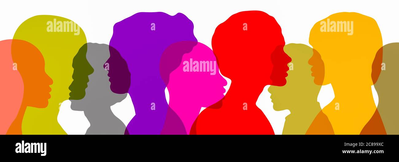 Image de concept colorée de têtes silhouetées ethniquement diverses communiquant un-à-un et dans un groupe, les profils féminins à l'avant-garde Banque D'Images