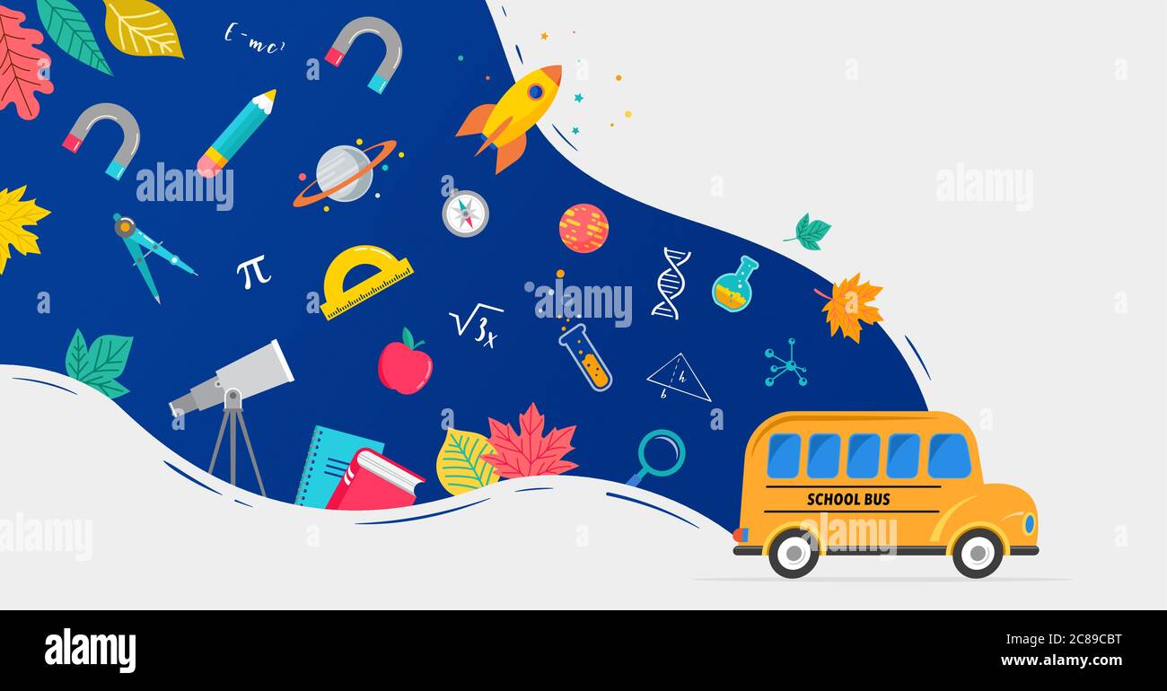 Bus scolaire, illustration du concept de retour à l'école avec des icônes de fournitures et de livres. Conception d'arrière-plan vectoriel Illustration de Vecteur