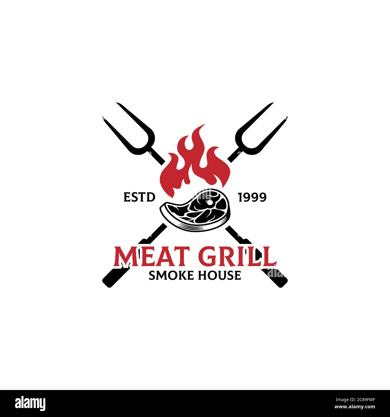 Modèle de design du logo de la maison de fumée du gril de viande, Grill et Bar avec feu, viande, fourchette de gril Illustration de Vecteur