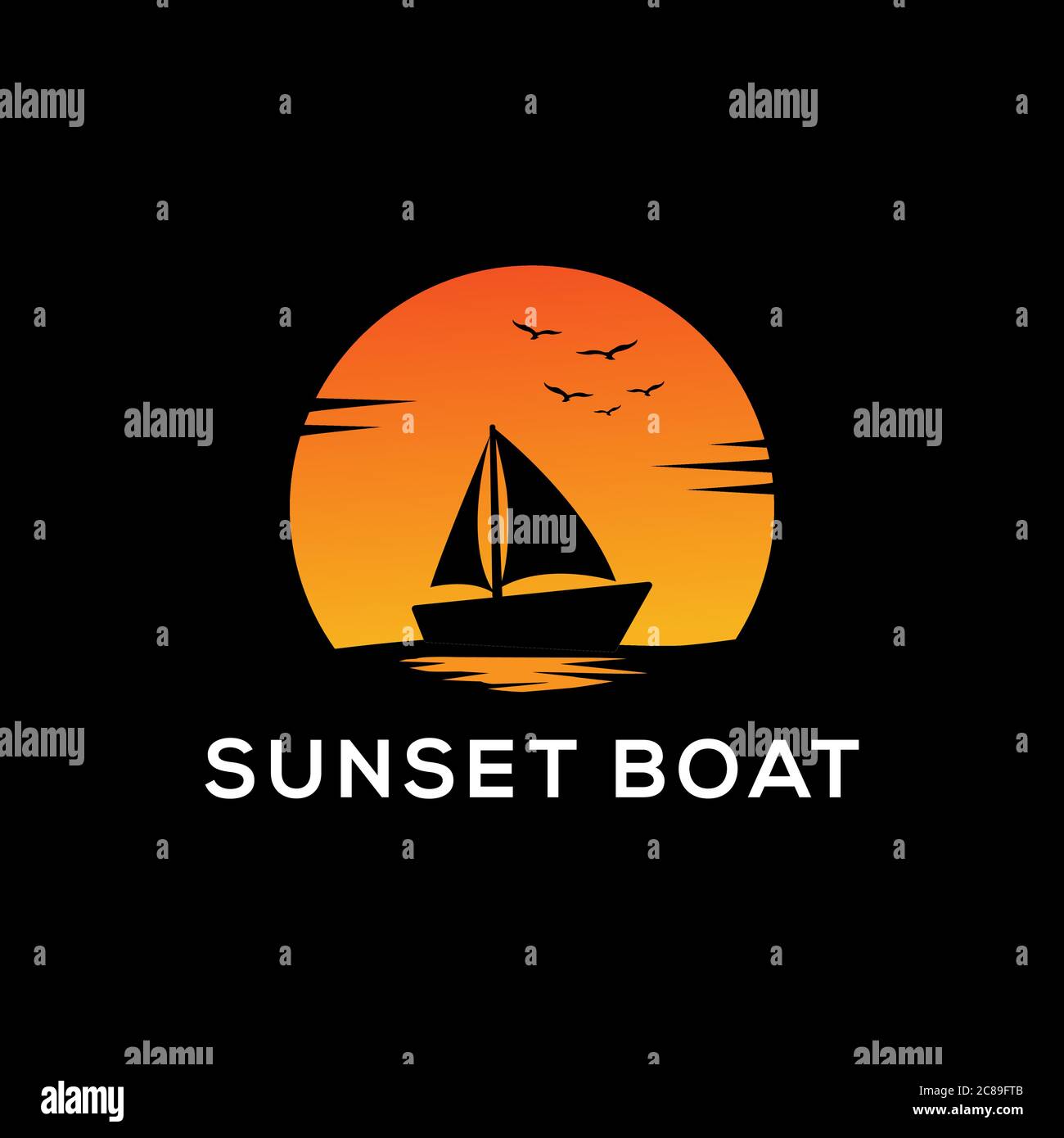Logo silhouette de bateau au coucher du soleil avec arrière-plans sombres, symbole et signe vecteur de voilier Illustration de Vecteur
