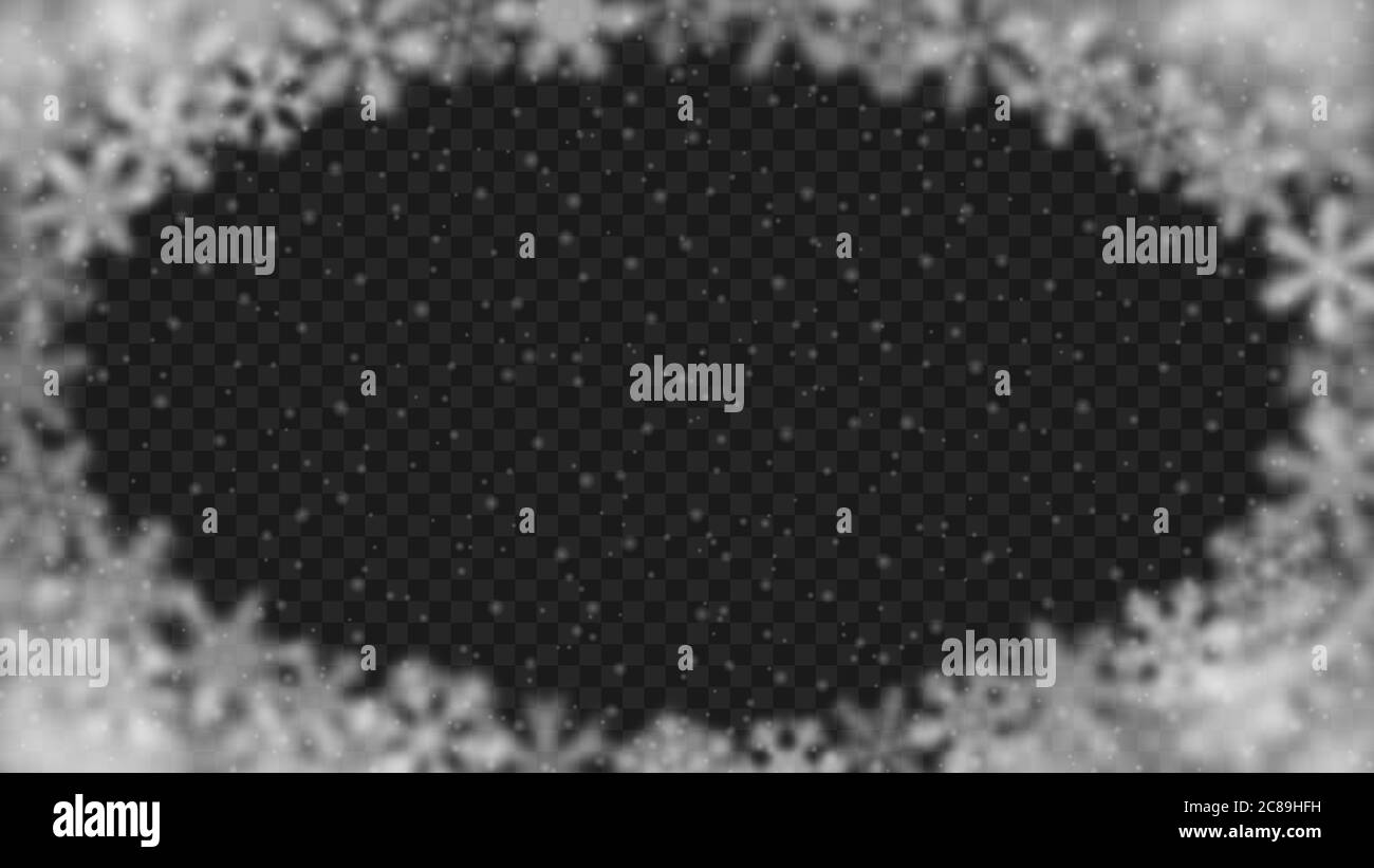 Fond de Noël de flocons de neige de forme différente, flou et transparence, disposés dans une ellipse, sur fond transparent Illustration de Vecteur
