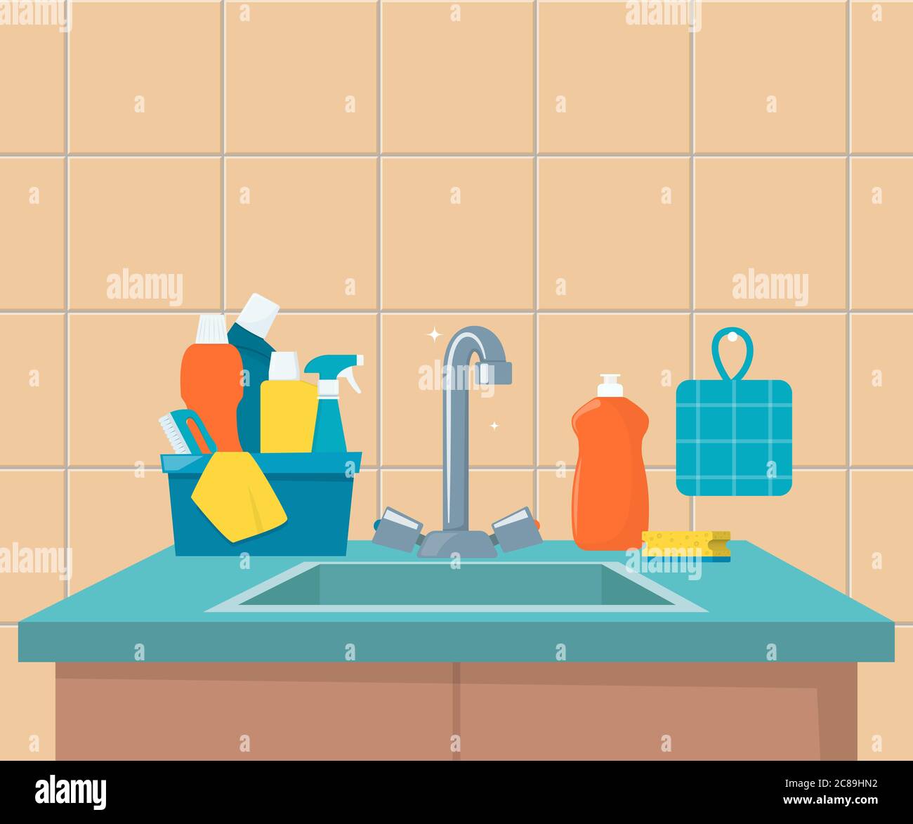 Évier de cuisine. Nettoyer le lavabo avec des ustensiles de cuisine, des meubles modernes et des ustensiles. Vaisselle lave-vaisselle évier de cuisine, illustration vectorielle Illustration de Vecteur
