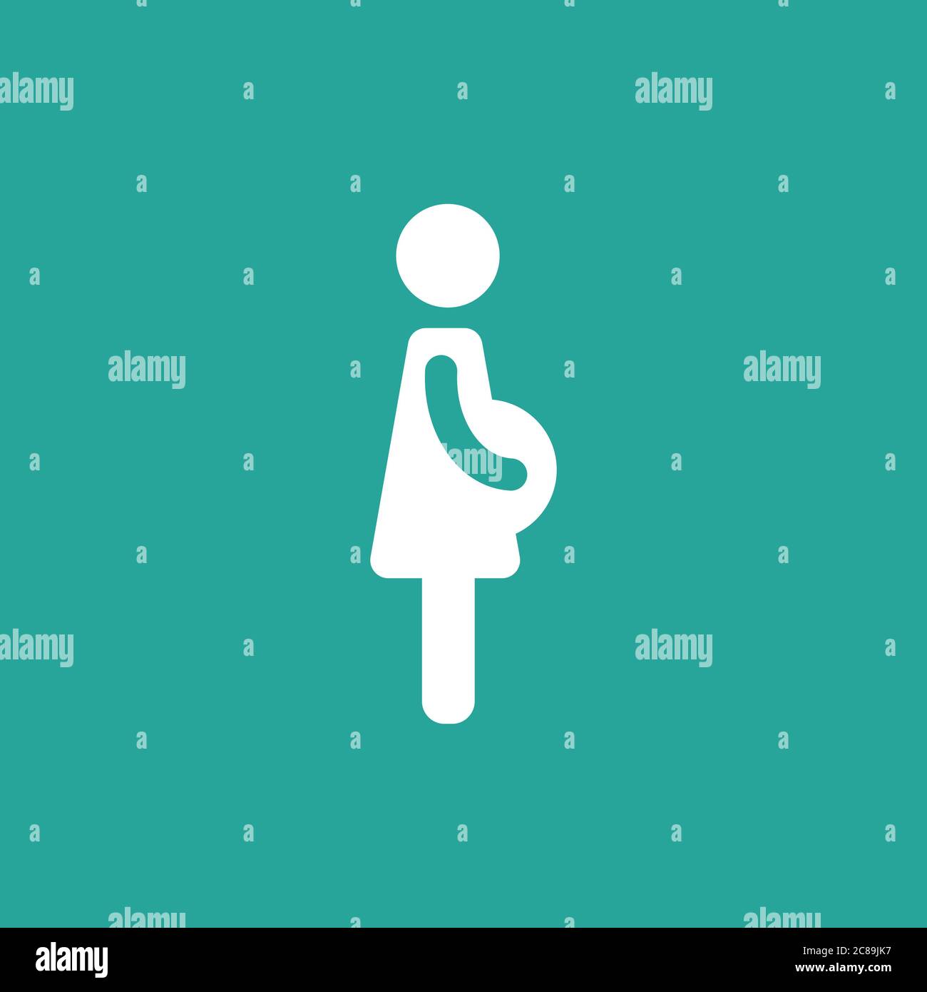 silhouette blanche de femme enceinte en robe isolée sur fond turquoise. Icône plate isolée sur blanc. Icône mère et maternité Vector Flat. Pré Illustration de Vecteur