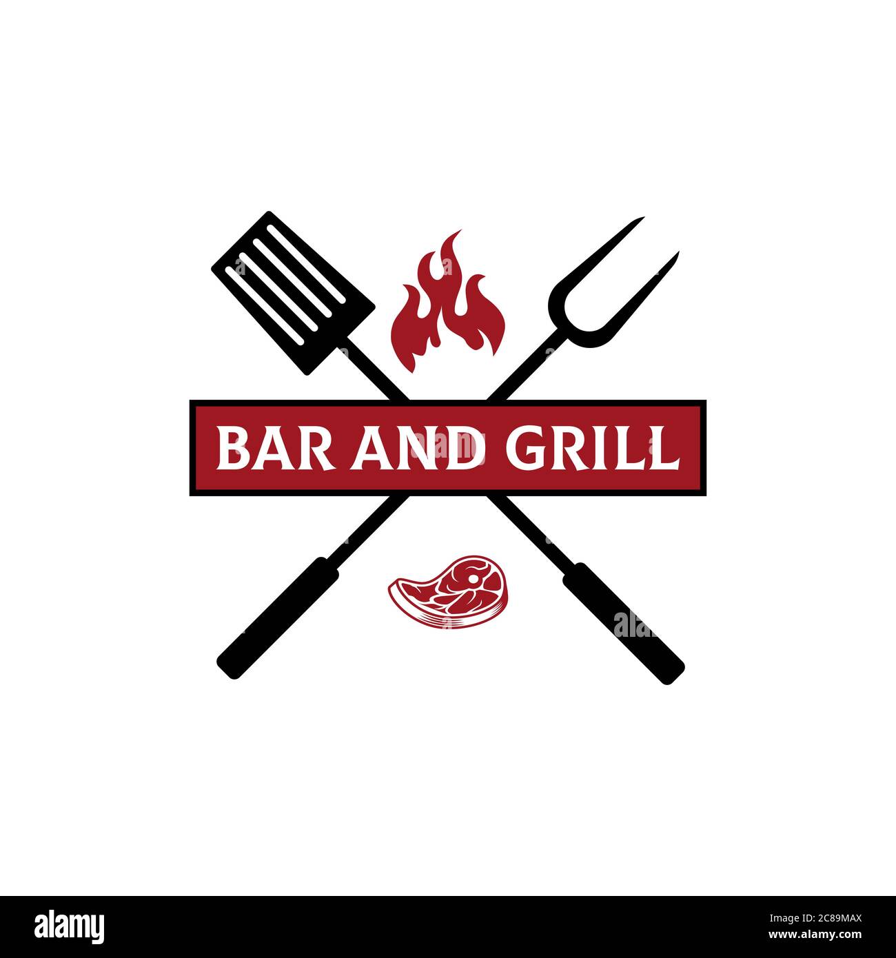 Logo du restaurant Bar and Grill, Grill and Bar avec feu, viande, fourchette et spatule Illustration de Vecteur