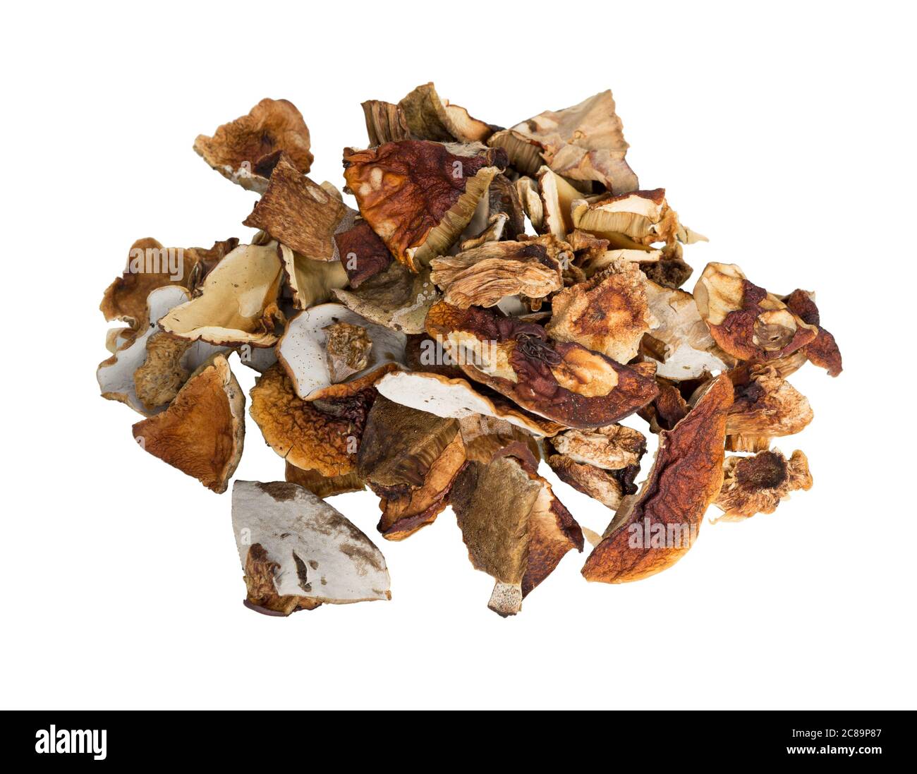 Champignons séchés sur fond blanc. Champignons de forêt secs. Banque D'Images