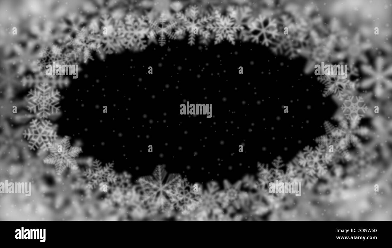 Fond de Noël de flocons de neige de forme différente, flou et transparence, disposés en ellipse, sur fond noir Illustration de Vecteur