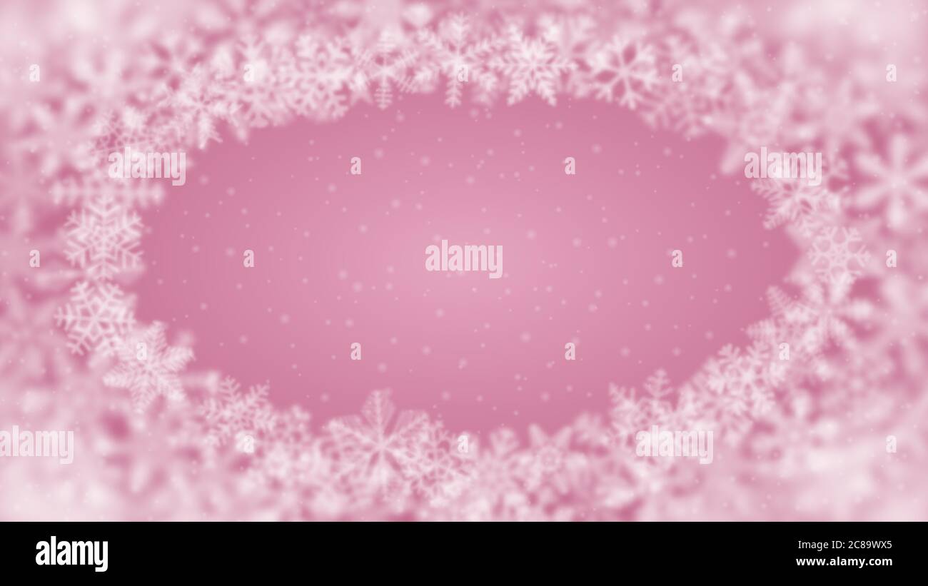 Fond de Noël de flocons de neige de forme différente, flou et transparence, disposés en ellipse, sur fond rose Illustration de Vecteur