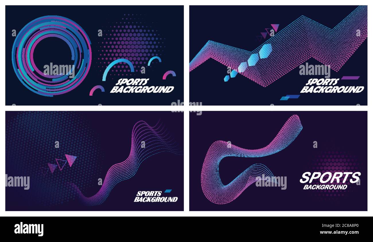 Ensemble de quatre arrière-plans sport abstraits et sombres, en bleu et violet Illustration de Vecteur