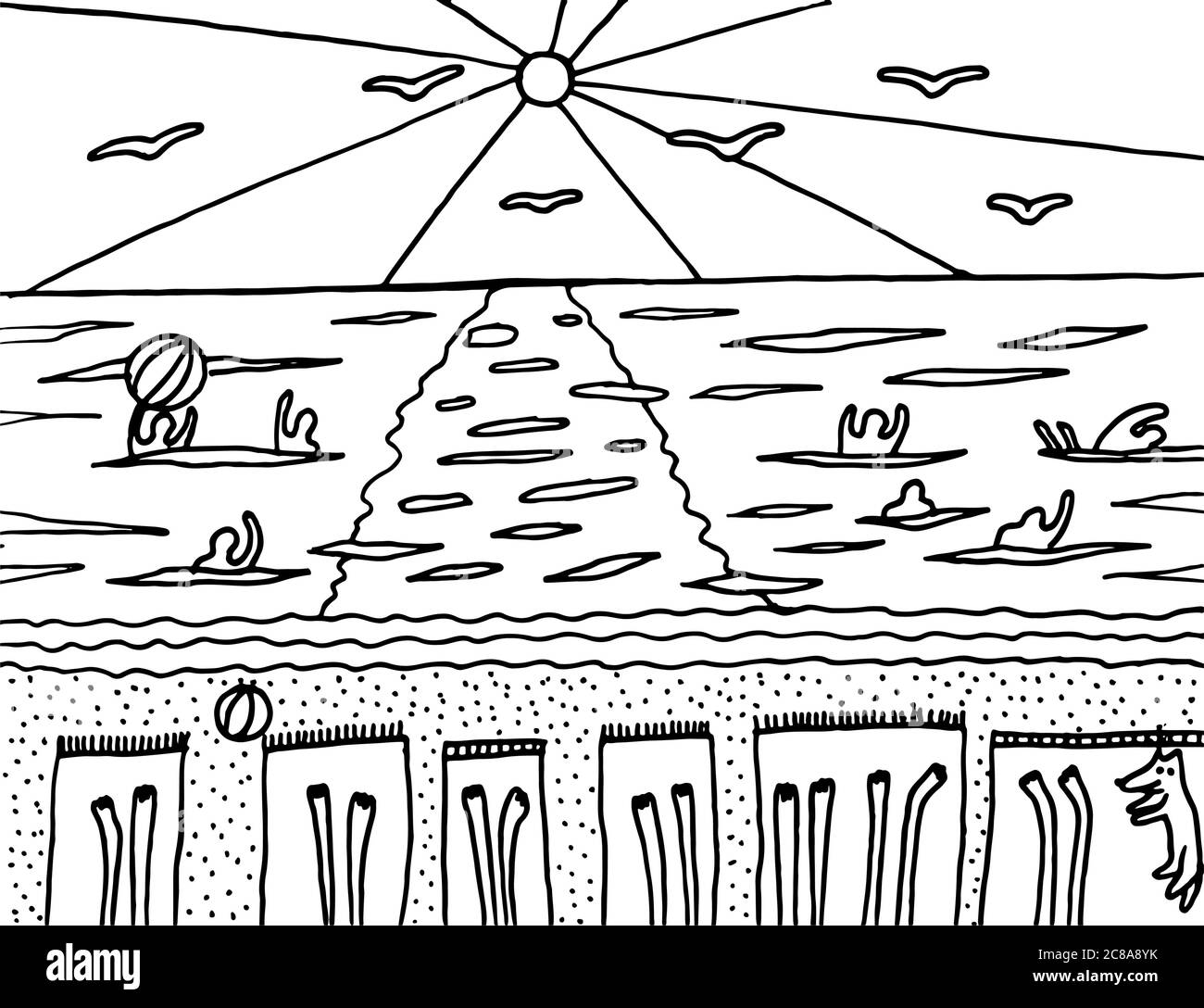 Page de coloriage vectoriel avec plage d'été Illustration de Vecteur