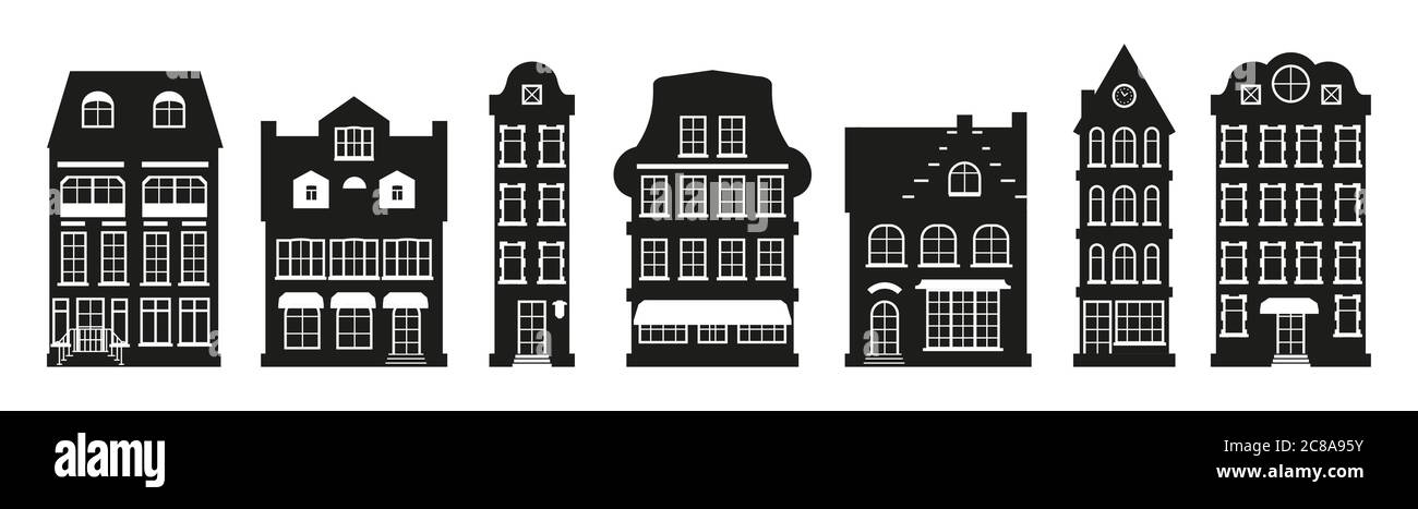 Glyphe maisons silhouette Amsterdam ensemble. Ville emblématique, style européen. Maison noire urbaine et suburbaine. Architecture différente bâtiment grande ville. Isolé sur une illustration vectorielle blanche Illustration de Vecteur