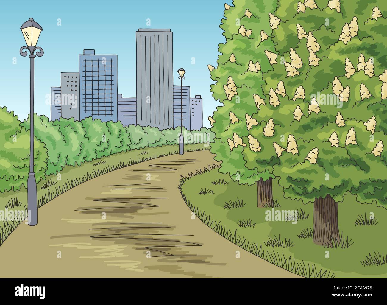 Park couleur graphique châtaignier arbre fleurs paysage esquisse illustration vecteur Illustration de Vecteur