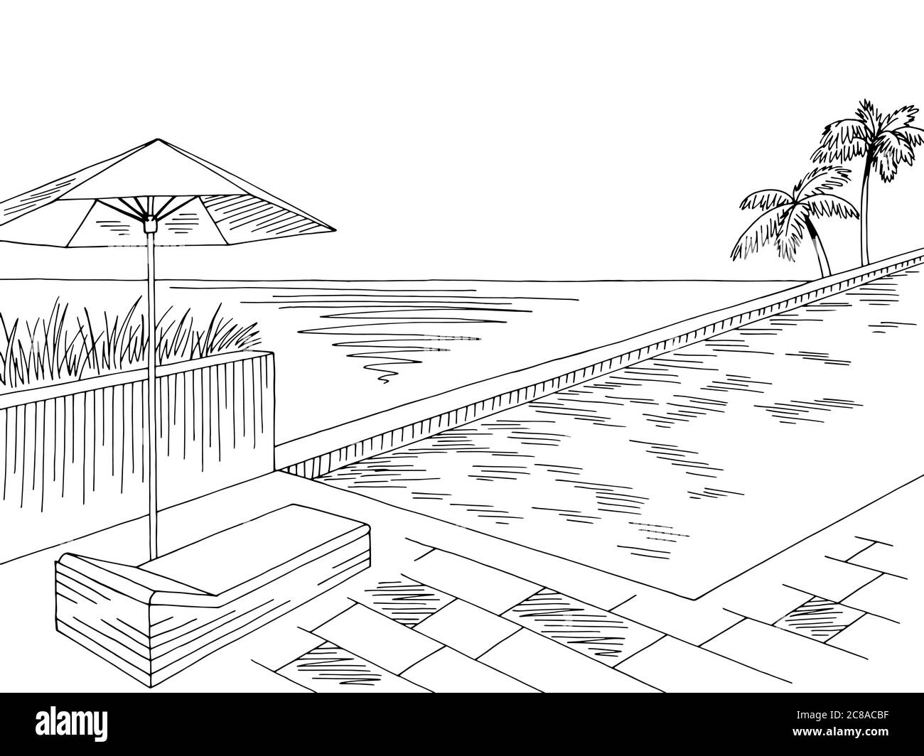 Piscine balcon graphique noir blanc paysage dessin illustration vecteur Illustration de Vecteur