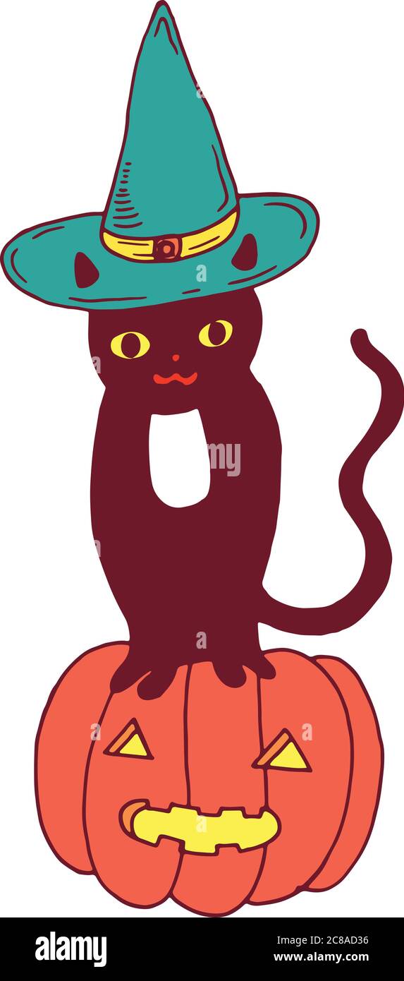 Chat noir avec chapeau et citrouille. Illustration Halloween Illustration de Vecteur
