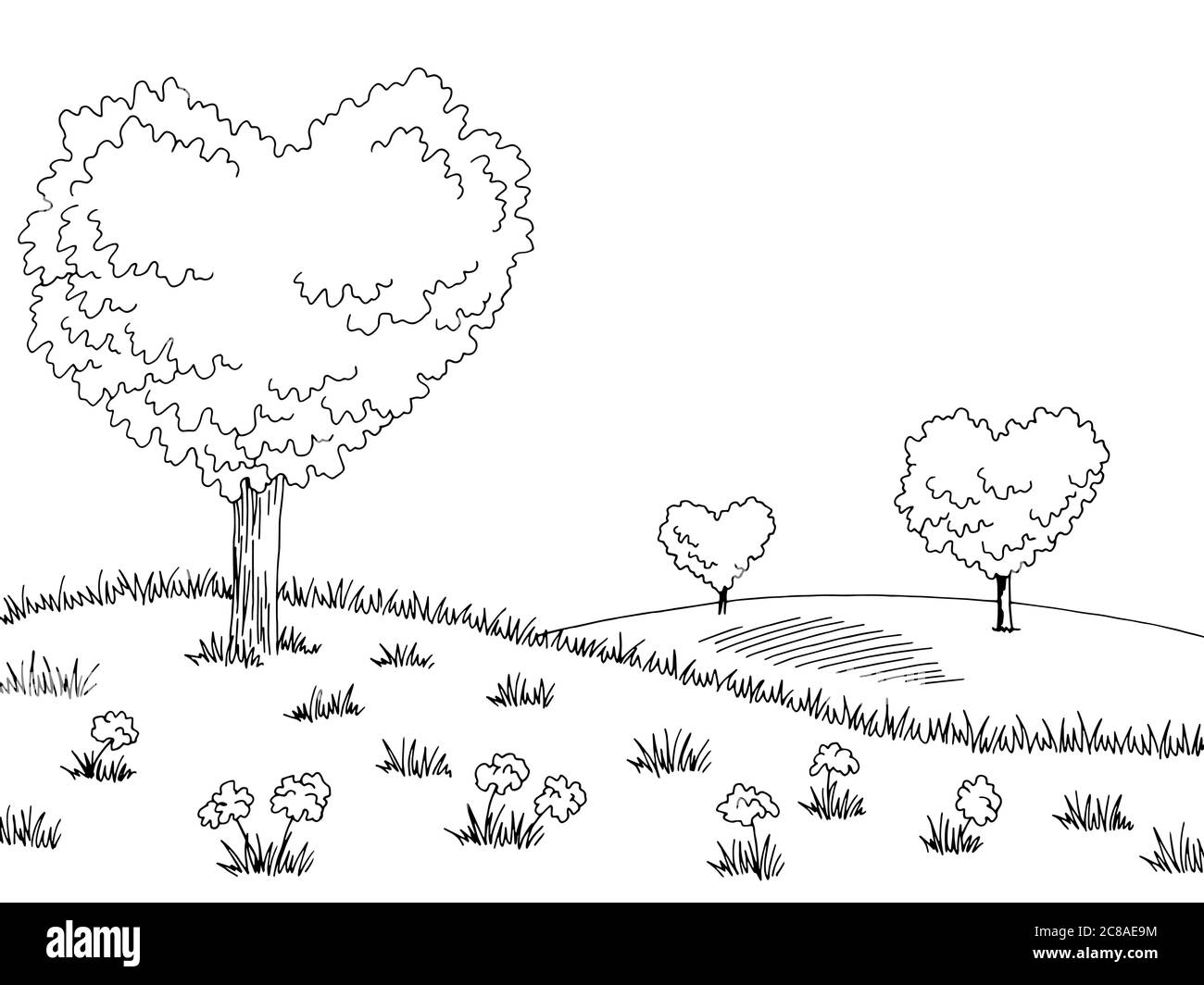 Forme de coeur arbre graphique noir blanc paysage dessin vecteur d'illustration Illustration de Vecteur