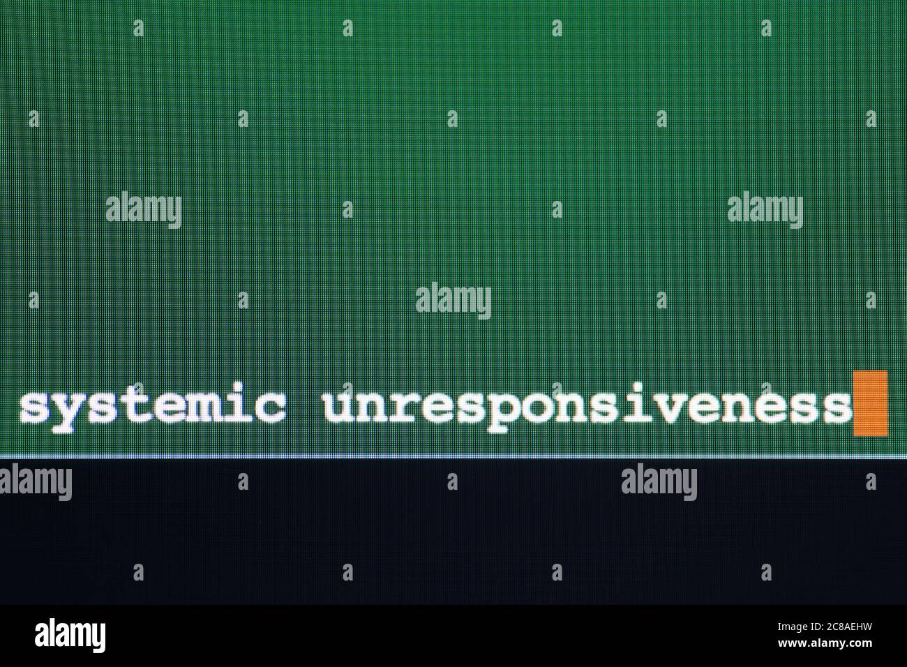 Texte d'écran indiquant une inréactivité systémique avec le curseur à la fin du texte (Mac). Panne de l'ordinateur, panne, blocage, système arrêté, vert, vide, concept, Banque D'Images