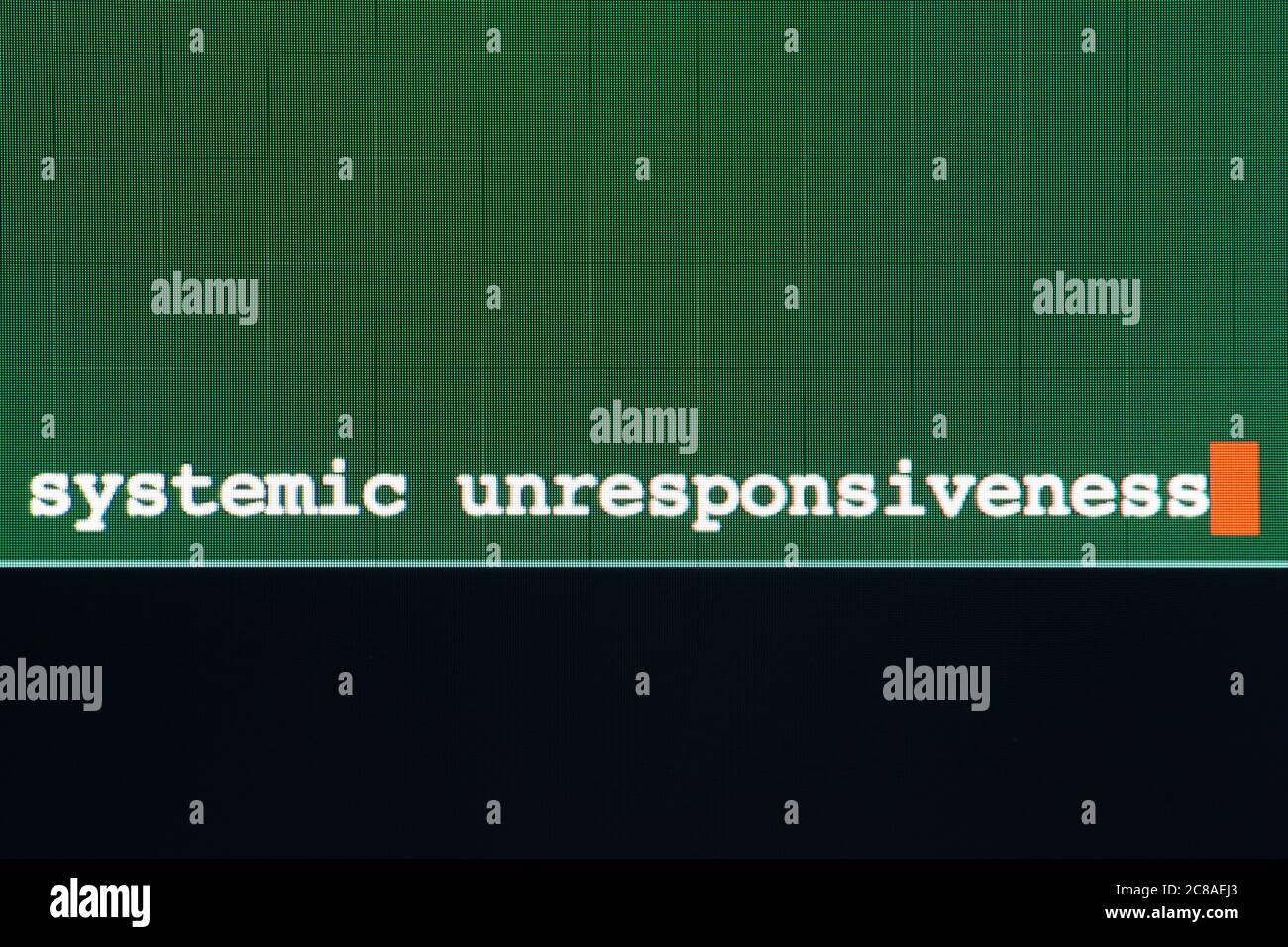 Texte d'écran indiquant une inréactivité systémique avec le curseur à la fin du texte (Mac). Panne de l'ordinateur, panne, blocage, système arrêté, vert, vide, concept, Banque D'Images