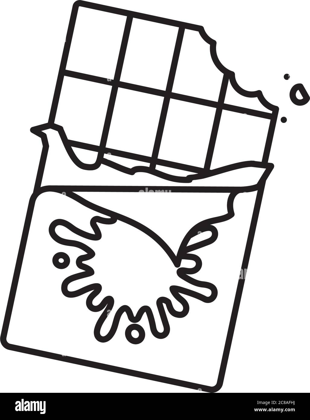 Mordir la barre de chocolat au lait avec un blotch sur l'icône de la ligne vectorielle de l'emballage déchiré. Symbole de contour des aliments sucrés. Illustration de Vecteur