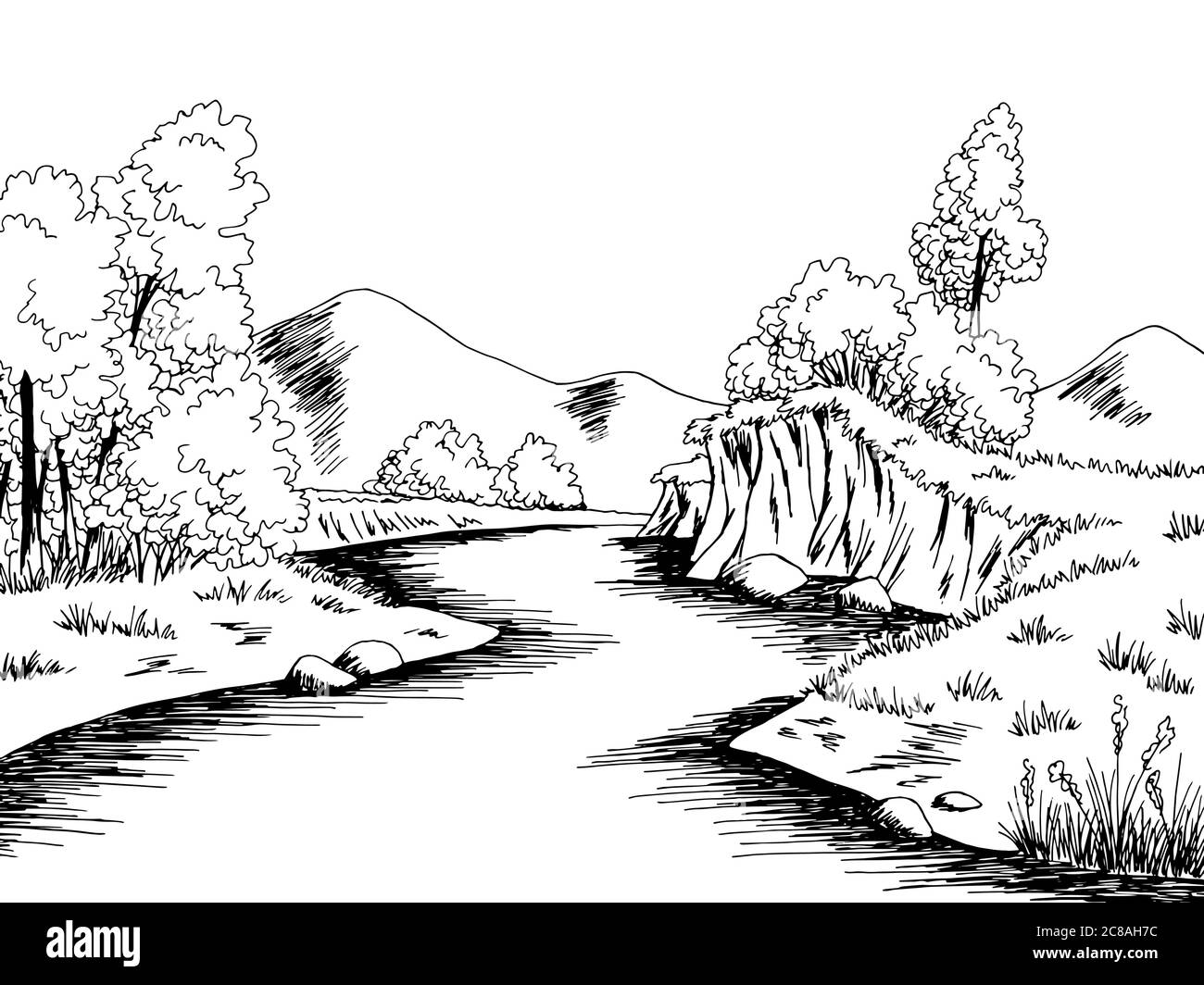 River Graphic noir blanc paysage dessin illustration vecteur Illustration de Vecteur